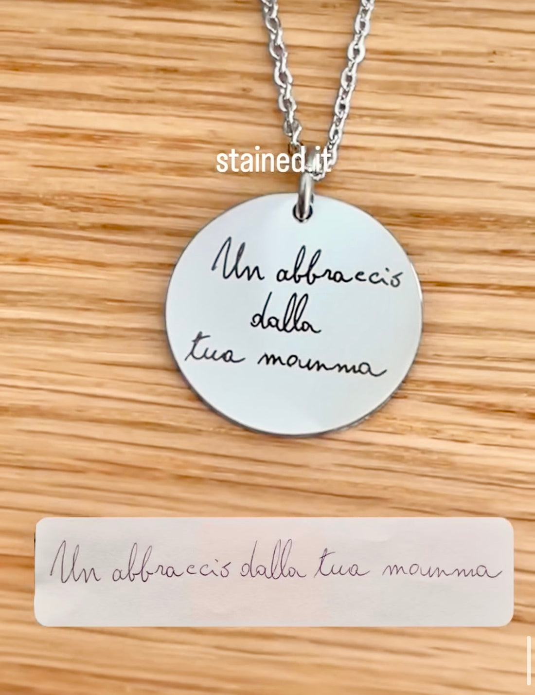 Collana con ciondolo personalizzato con incisione di una dedica manoscritta