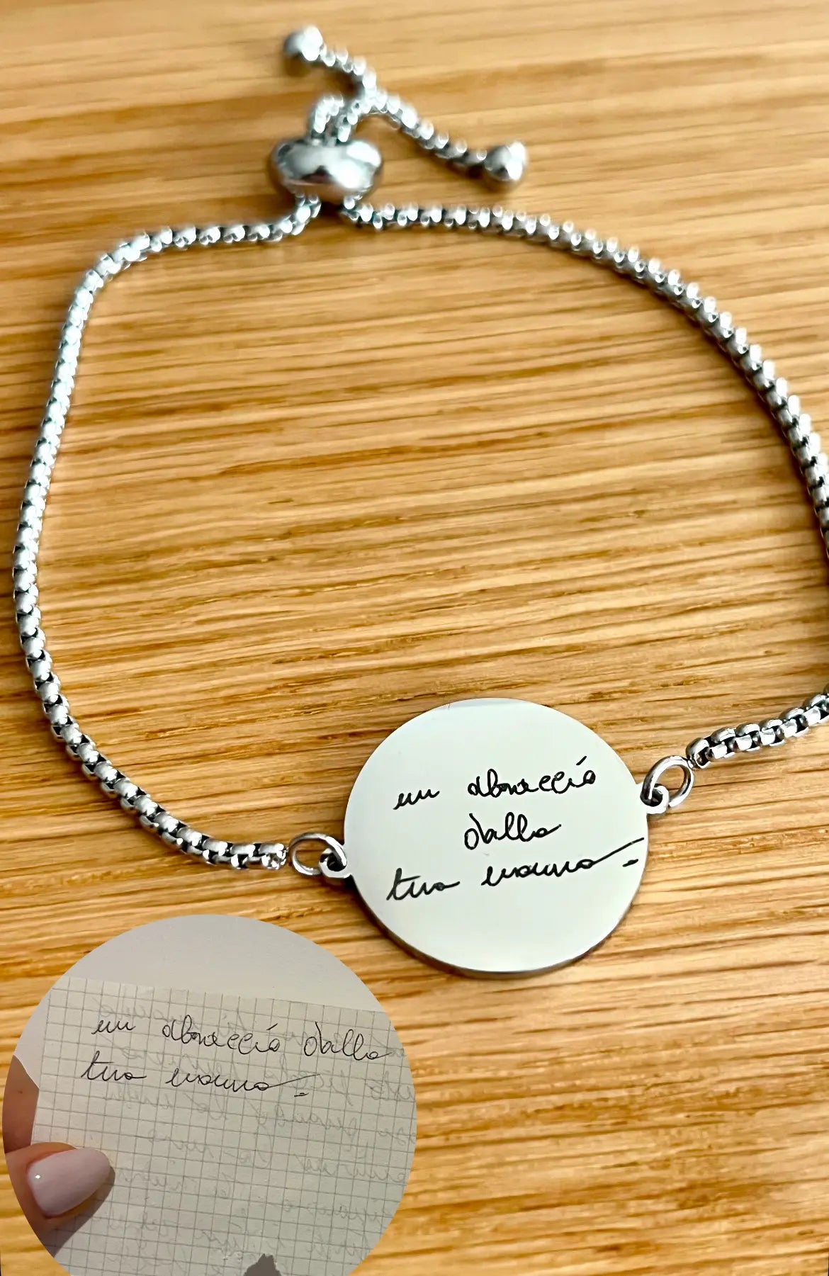 Bracciale regolabile in acciaio, incisione di una dedica originale con calligrafia